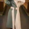 Patchwork Contrast Color Lace-up Wool Coats For Women Vintage Double-side Elegant Overcoat Autumn - Image 4