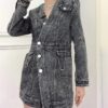 Women's black denim slim mini dress with V-neck and long sleeves - front view
