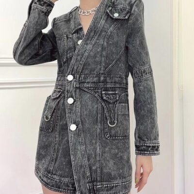 Denim Slim Dress For Women V Neck Long Sleeve High Waist Solid Mini Dresses Female Autumn Clothing Style New