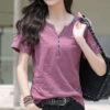 Loose Plus Size Women's V-Neck T-Shirt Casual Short Sleeve Top Mixed Cotton Blend - Image 7