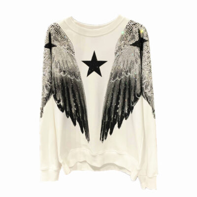 Autumn and winter luxury fashion hoodie for men and women, heavy-duty hot stamping, full diamond, large wings, wings, round neck pullover, couple style