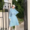 Women's handmade wool coat with real fox fur collar in Blue, Rose Red, Pink, and White - detail view 4