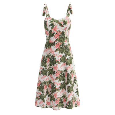 Floral Printed Fitted Belted Bow Strap Dress Women's