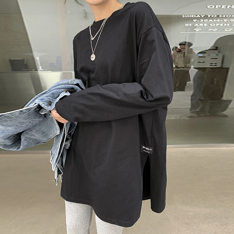 Solid Color Side Slit Long Sleeve T-Shirt for Women, Loose Fit Casual Top - Image 2