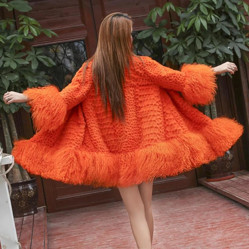 Europe and America women Mongolia Sheep fur sleeve and hem ladies loose outwear Genuine fur coat fashion New fur jacket - Image 2
