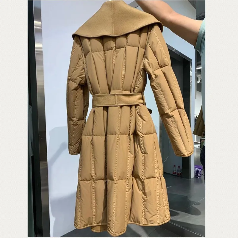 Women Down Coat Winter Double Sided Wool Stitched Goose Down Jacket Temperament Lace Up Ladies Warm Overcoat New - Image 4