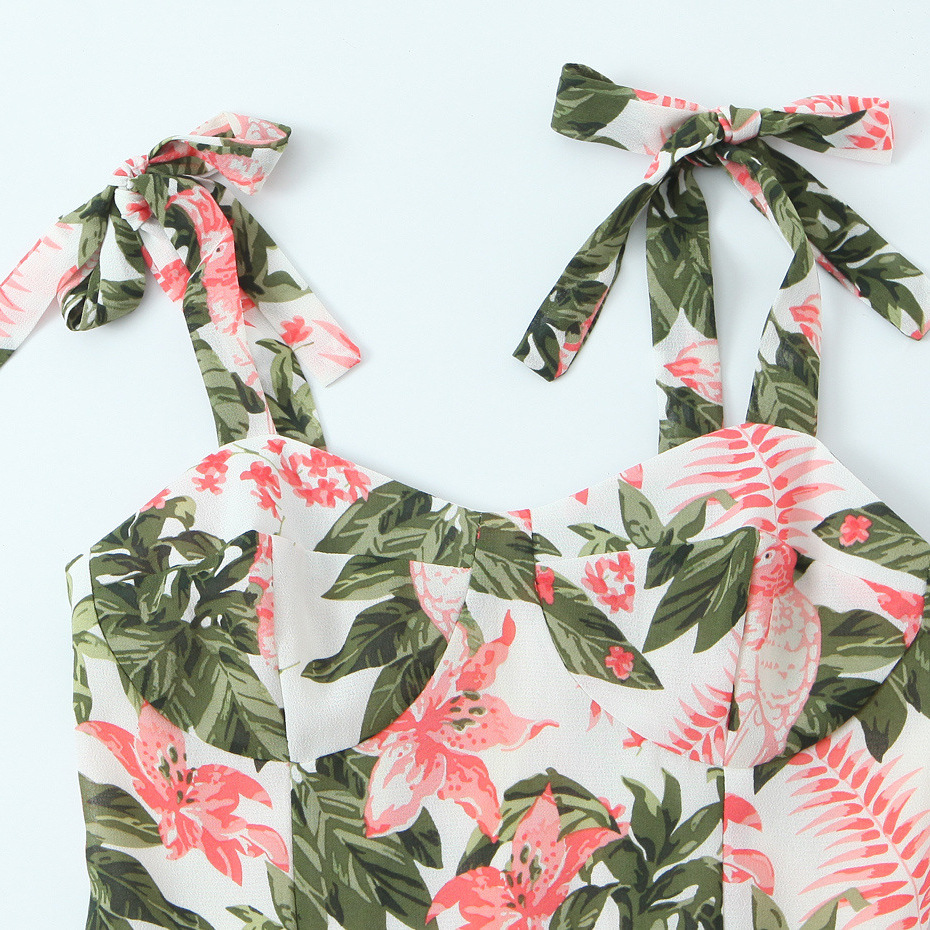 Floral Printed Fitted Belted Bow Strap Dress Women's - Image 3