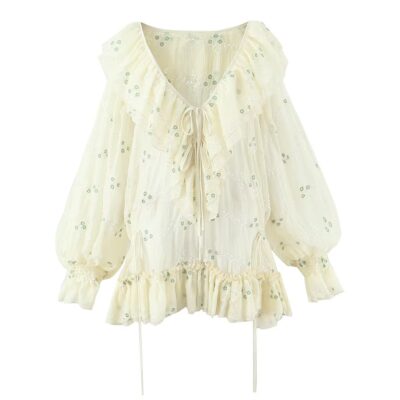 Style Women's New Floral Embroidered Long Sleeve V-Neck Ruffle Waist Cinched Puff Dress