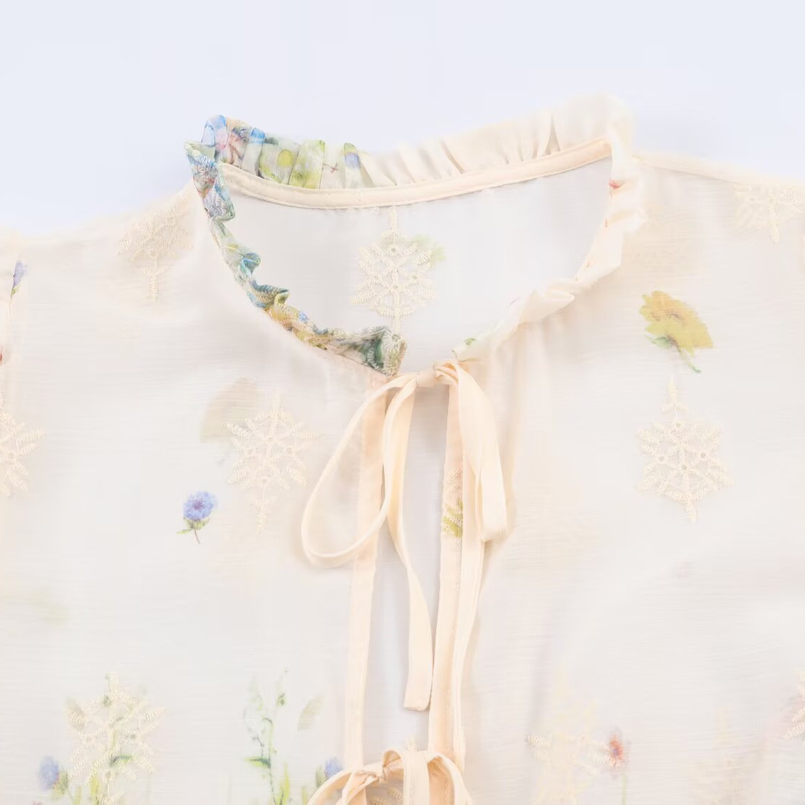 Lantern sleeve lace up embroidered long sleeved shirt - Image 4