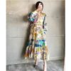 Blue floral turn-down collar lantern-sleeve midi dress for women - detail 5