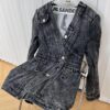 Women's black denim slim mini dress with V-neck and long sleeves - detail view 4