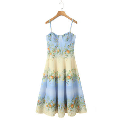 Bohemian Vacation Style Printed Linen-Like Strap Dress for Women