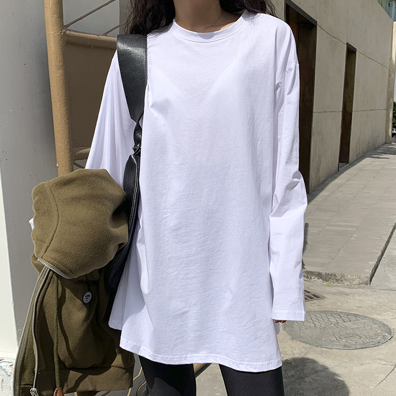 Solid Color Side Slit Long Sleeve T-Shirt for Women, Loose Fit Casual Top - Image 3