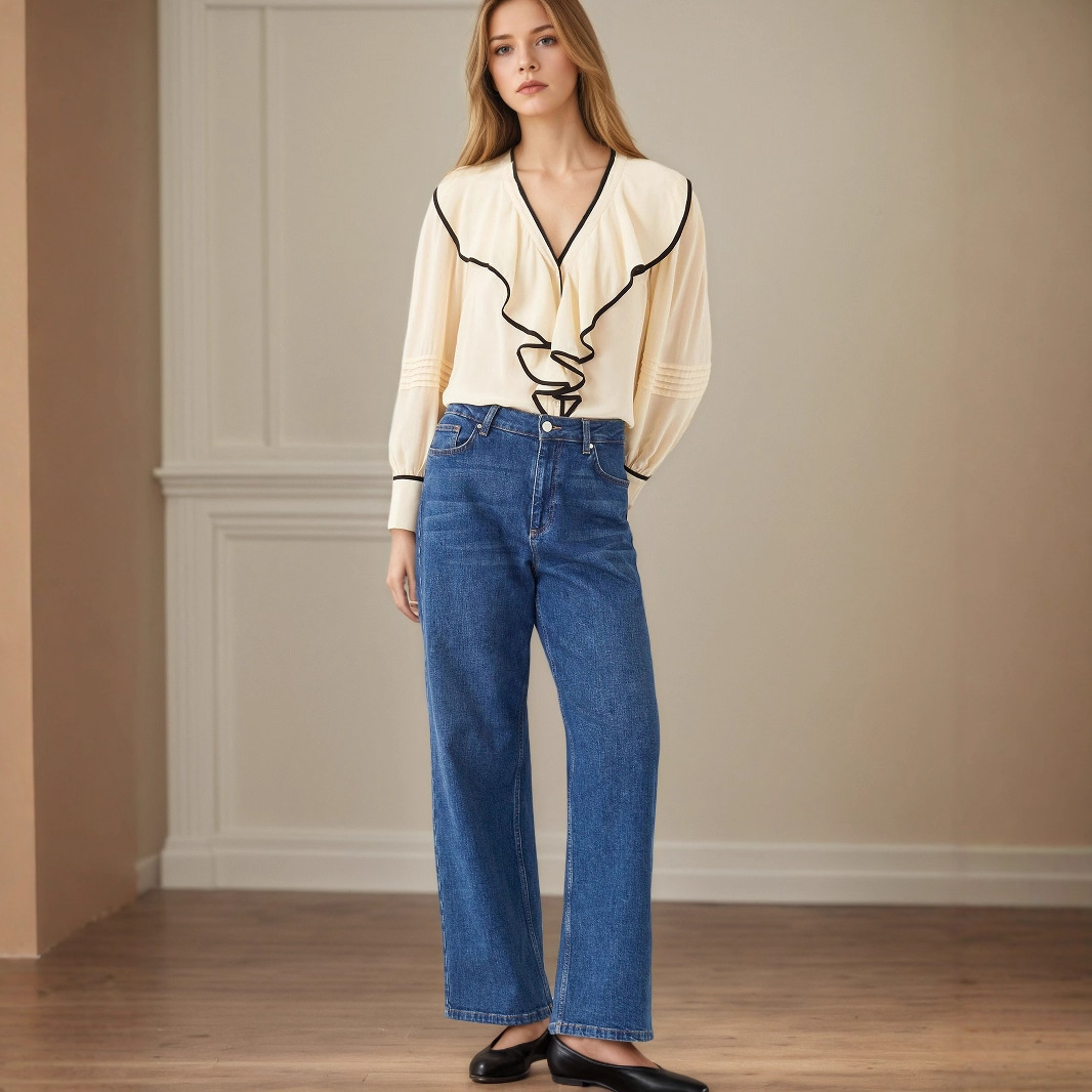 V-neck women's loose contrasting pleated ruffle top - Image 3