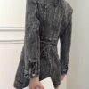Women's black denim slim mini dress with V-neck and long sleeves - detail view 3