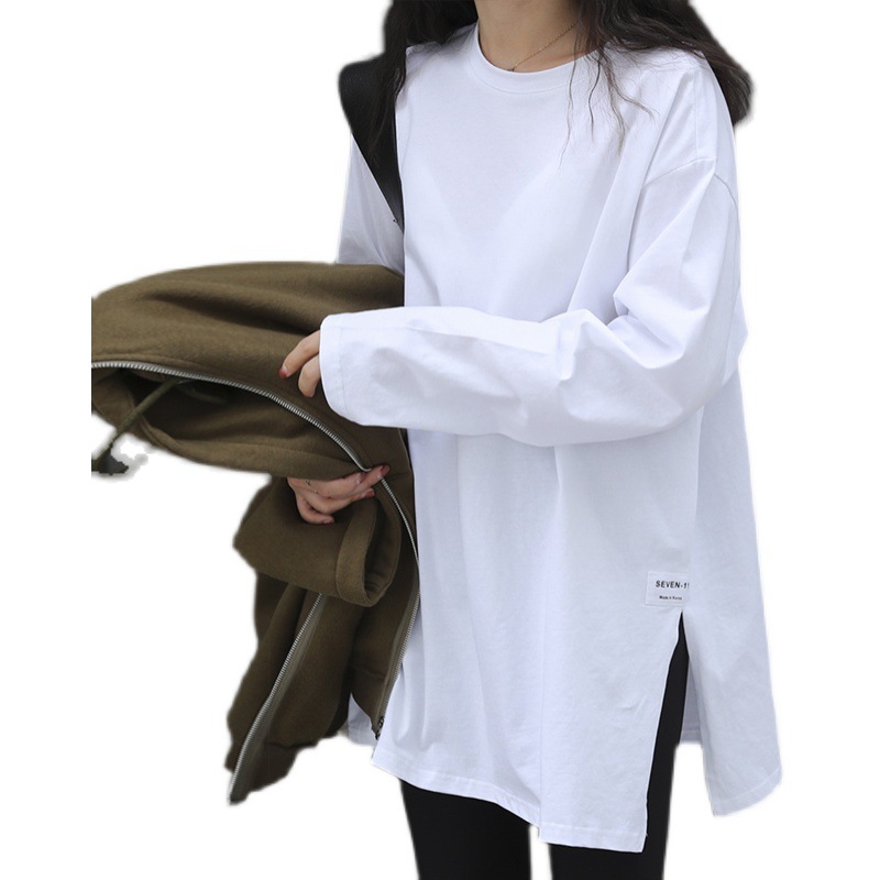 Solid Color Side Slit Long Sleeve T-Shirt for Women, Loose Fit Casual Top - Image 5