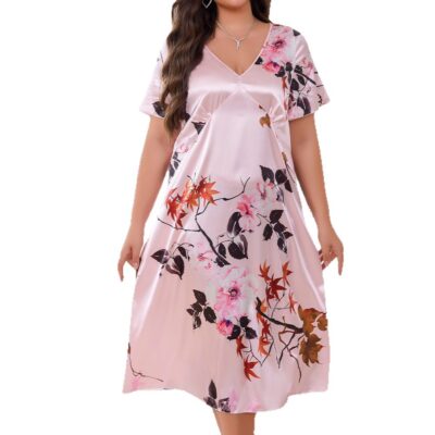 V-neck Long Dress Sleepwear for Women in Summer  Large Size Homewear