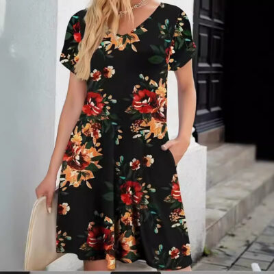 Style Printed Short Sleeve Round Neck Dress