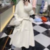 Women's handmade wool coat with real fox fur collar in Blue, Rose Red, Pink, and White - detail view 7