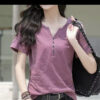 Loose Plus Size Women's V-Neck T-Shirt Casual Short Sleeve Top Mixed Cotton Blend - Image 3