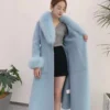 Women's handmade wool coat with real fox fur collar in Blue, Rose Red, Pink, and White - detail view 2
