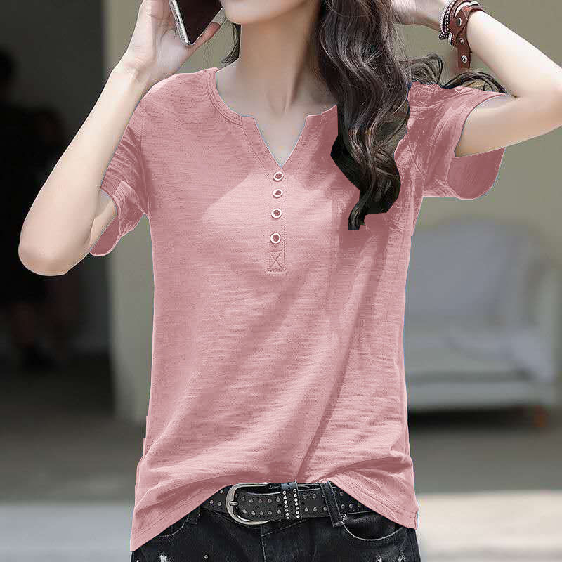 Loose Plus Size Women's V-Neck T-Shirt Casual Short Sleeve Top Mixed Cotton Blend - Image 5