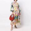 Blue floral turn-down collar lantern-sleeve midi dress for women - detail 2
