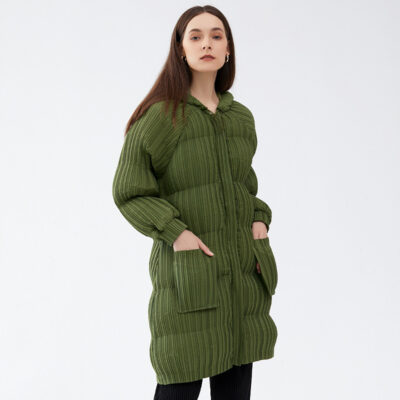 Long Plush Hooded Puffer Jacket for Women - Slimming Warm Cotton-Padded Parka with Pleated Design