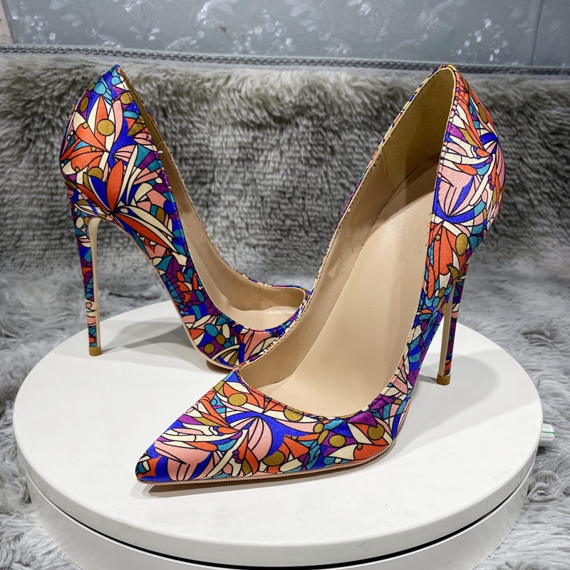 Tikicup Graphic Print Women Satin Pointy Toe High Heel Party Shoes Sexy Designer Floral Stiletto Pumps Large Size 43 44 45 - Image 20