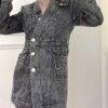 Women's black denim slim mini dress with V-neck and long sleeves - detail view 1