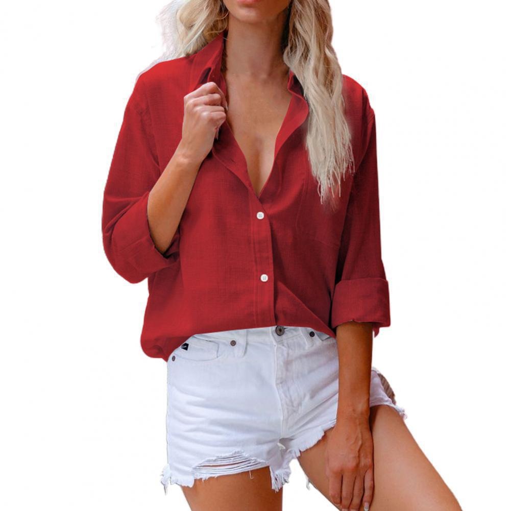 Womens Solid Cotton Linen Long Sleeve Shirt Womens - Image 13