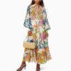 Blue floral turn-down collar lantern-sleeve midi dress for women - detail 3