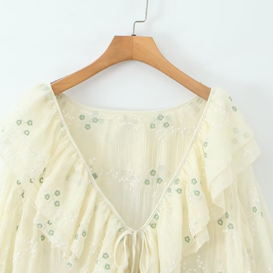 Style Women's New Floral Embroidered Long Sleeve V-Neck Ruffle Waist Cinched Puff Dress - Image 3