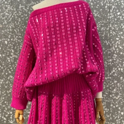 HIGH STREET Newest F/W Fashion Designer Sweater Women Slash Neck Glitter Sequined Beaded Pullover Sweater Mini Skirt