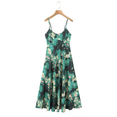 Vacation Style Dark Green Base Crying Rose Print Ankle-Length Dress for Women