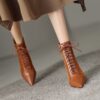 Mature Elegant Women Ankle Boots Pointed Toe Thin High Heels Female Office Genuine Leather Cross-Tied Shoes Woman - Image 5