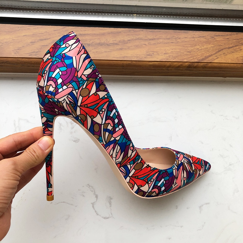 Tikicup Graphic Print Women Satin Pointy Toe High Heel Party Shoes Sexy Designer Floral Stiletto Pumps Large Size 43 44 45 - Image 2