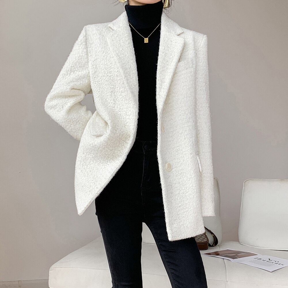 Fashion White Blazers For Women Notched Long Sleeve Patchwork Pocket Single Breasted Loose Blazer For Women - Image 7