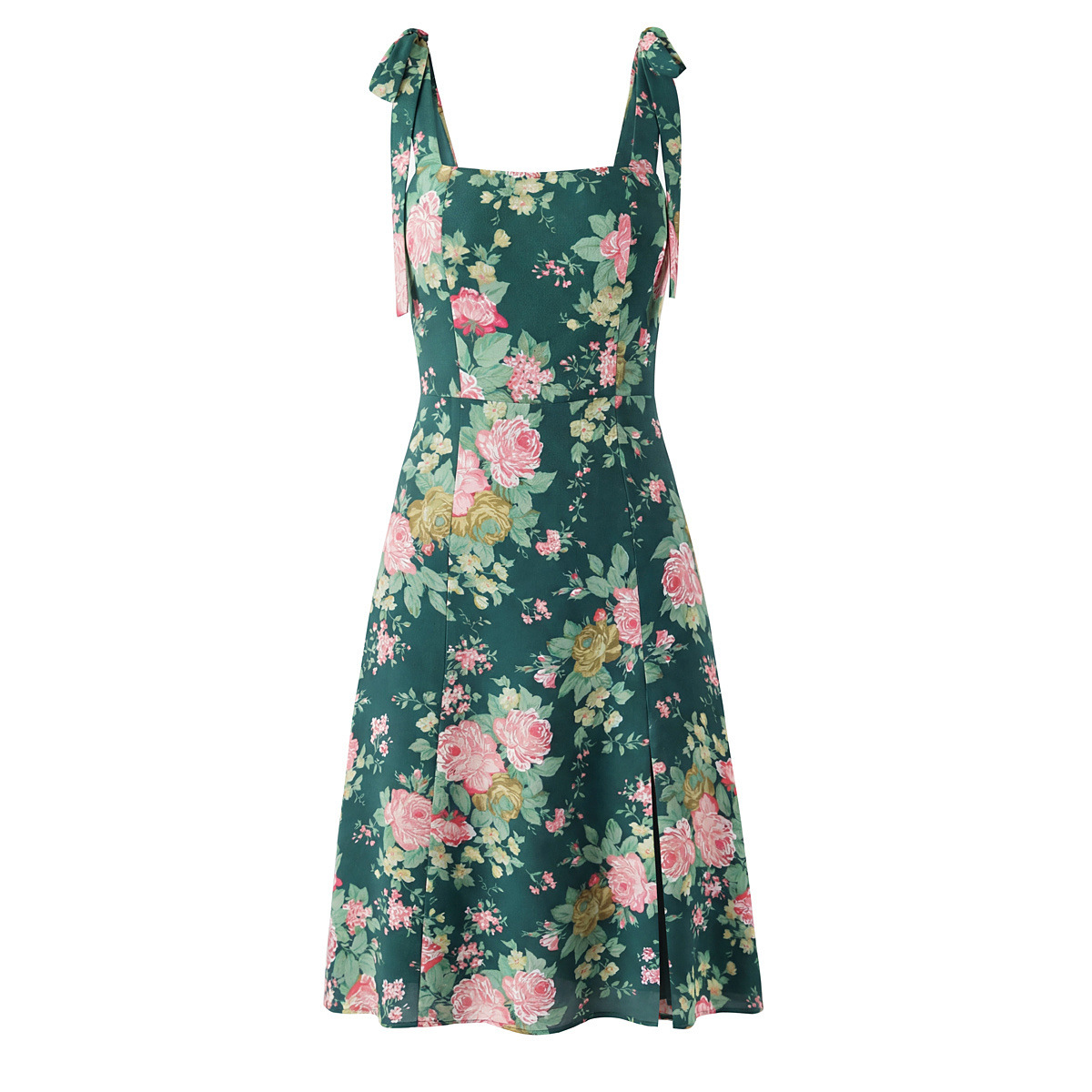 Style Floral Print Sleeveless Side Slit Tie Strap Back Strap Dress