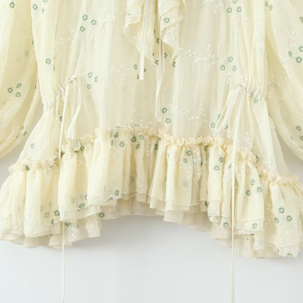 Style Women's New Floral Embroidered Long Sleeve V-Neck Ruffle Waist Cinched Puff Dress - Image 4