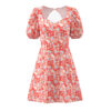French-style floral print square neck back elastic dress