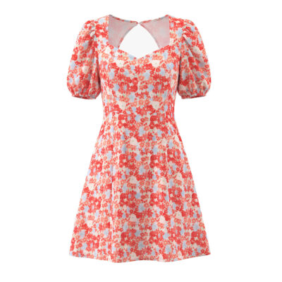 French-style floral print square neck back elastic dress