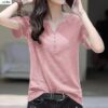 Loose Plus Size Women's V-Neck T-Shirt Casual Short Sleeve Top Mixed Cotton Blend - Image 8