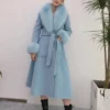 Women's handmade wool coat with real fox fur collar in Blue, Rose Red, Pink, and White - detail view 1
