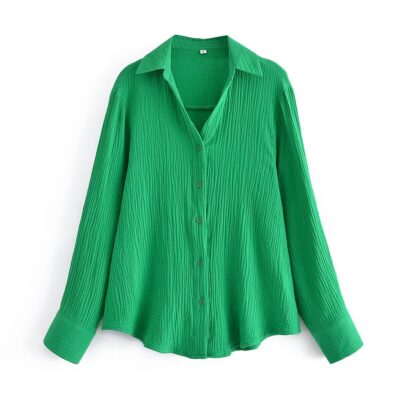 New Women's Fashionable Chic Versatile Cotton Crinkled Turn-Down Collar Long Sleeve Shirt
