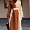 Patchwork Contrast Color Lace-up Wool Coats For Women Vintage Double-side Elegant Overcoat Autumn - Image 2