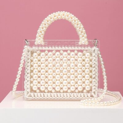Luxury Acrylic Pearl Evening Clutch Bags Women Handmade Beaded Clear Purses And Handbags Ladies Woven Shoulder Bag Wedding Party