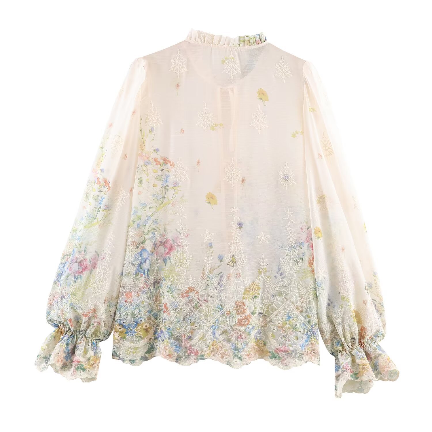 Lantern sleeve lace up embroidered long sleeved shirt - Image 2