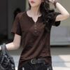 Loose Plus Size Women's V-Neck T-Shirt Casual Short Sleeve Top Mixed Cotton Blend - Image 11