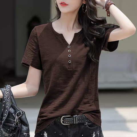 Loose Plus Size Women's V-Neck T-Shirt Casual Short Sleeve Top Mixed Cotton Blend - Image 11